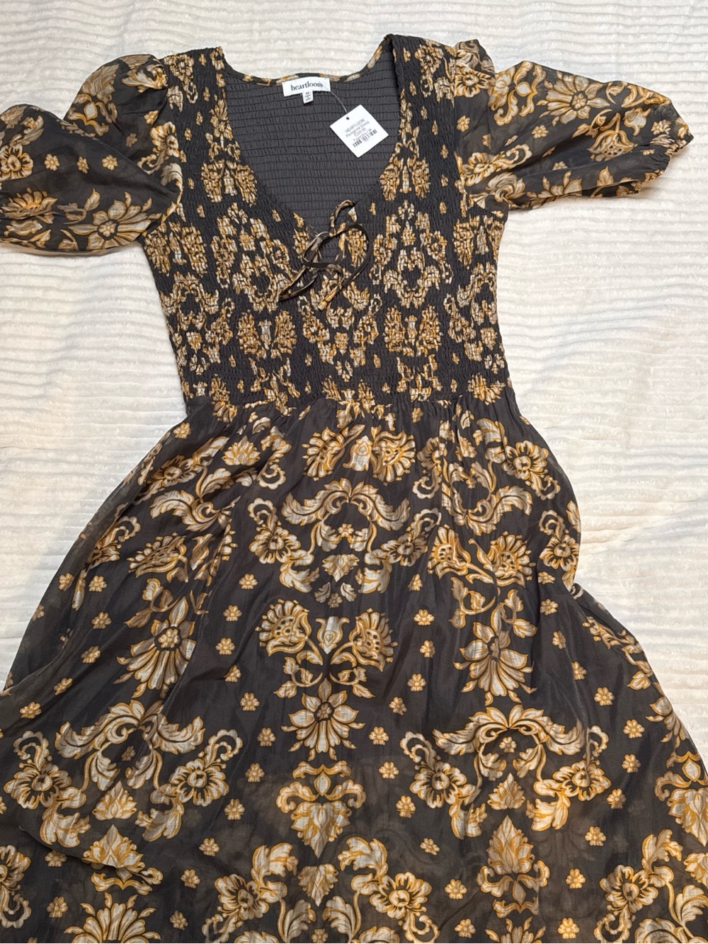 Heartloom Black and Gold Floral Smocked Midi Dress